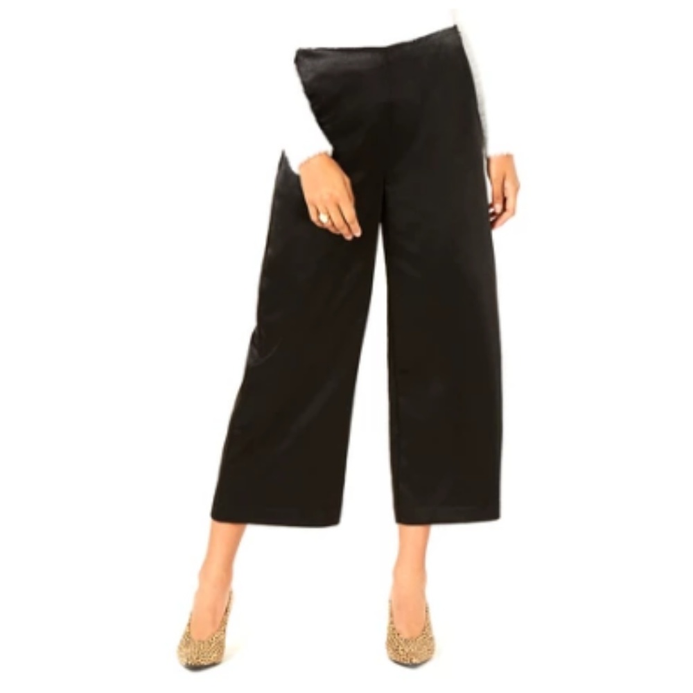 Womens Wide Leg Ankle Crop Satin Black Pants High Waist Work Career Wear